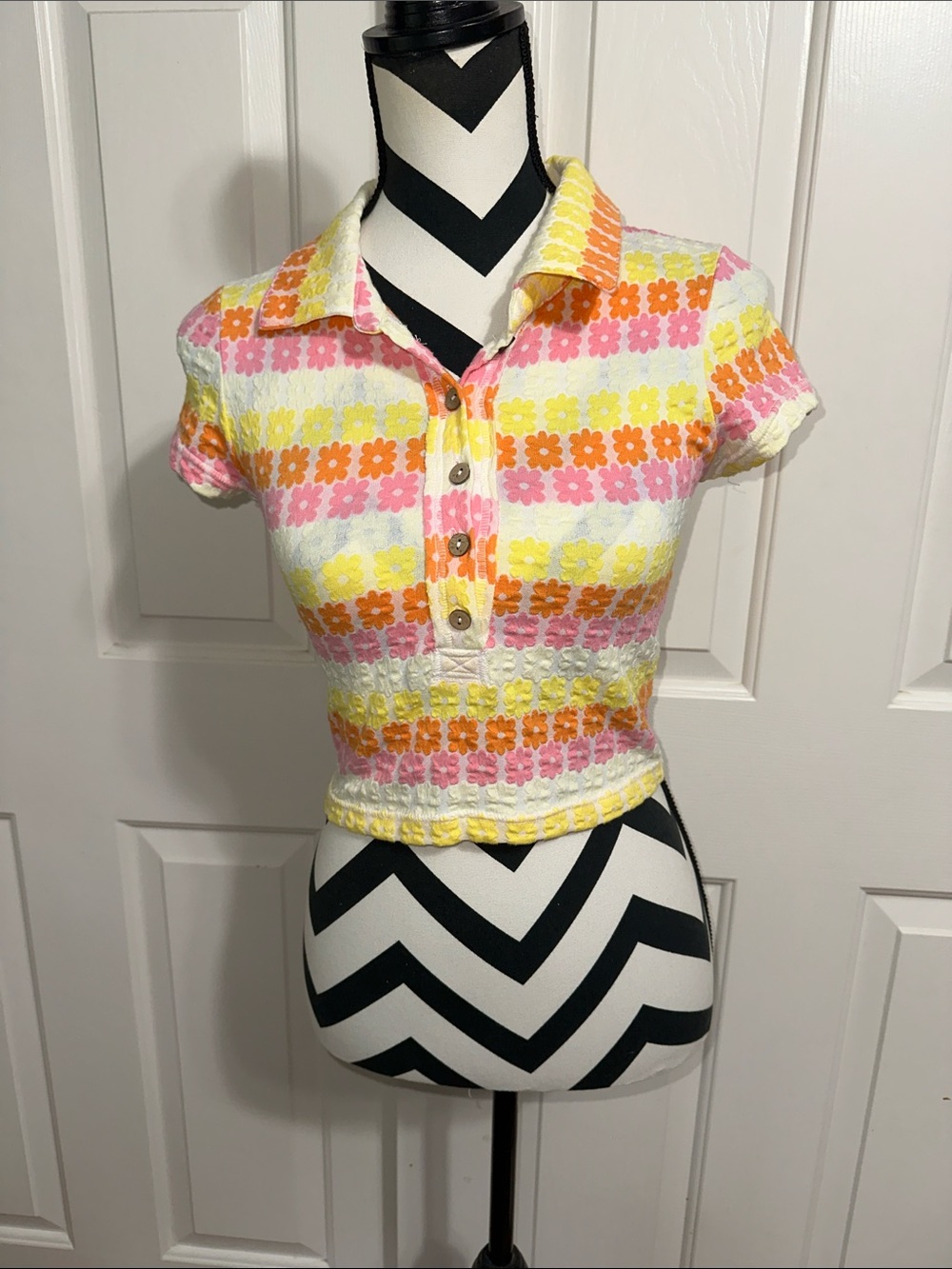 Free People Floral Stripe Crop Polo in Yellow, Pink & Orange